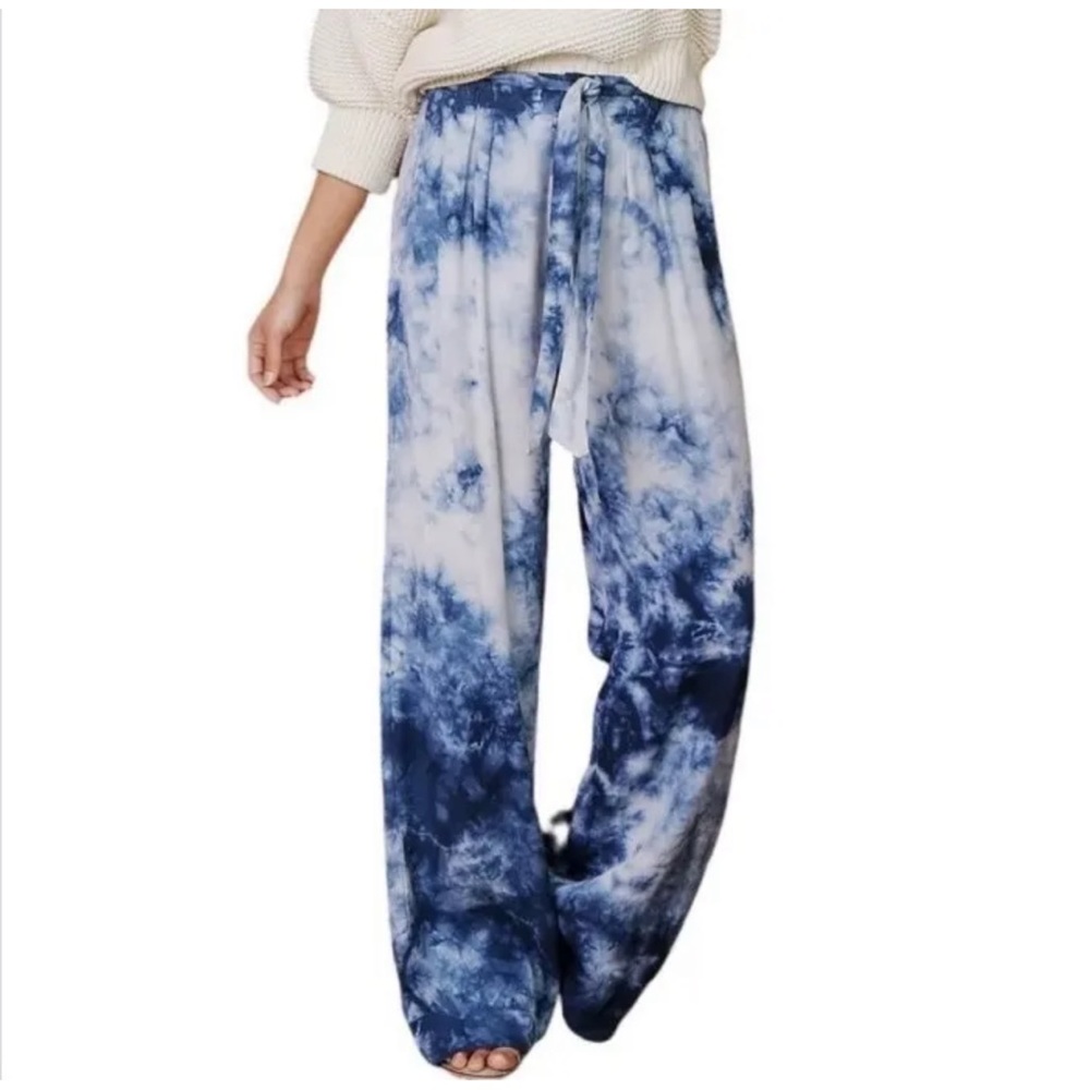 Anthropologie Cloth & Stone Venice Wide Leg Pants Blue Tie Dye Belt Size XS